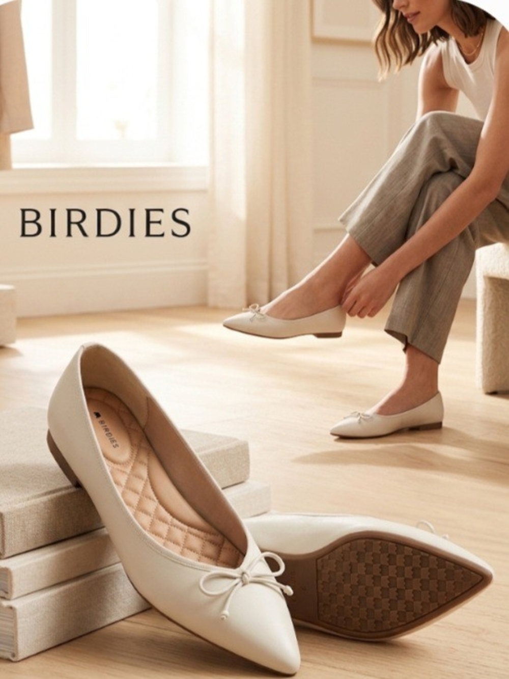 Birdies The Goldfinch Ecru Leather Pointed Toe Ballet Flats Bow 9